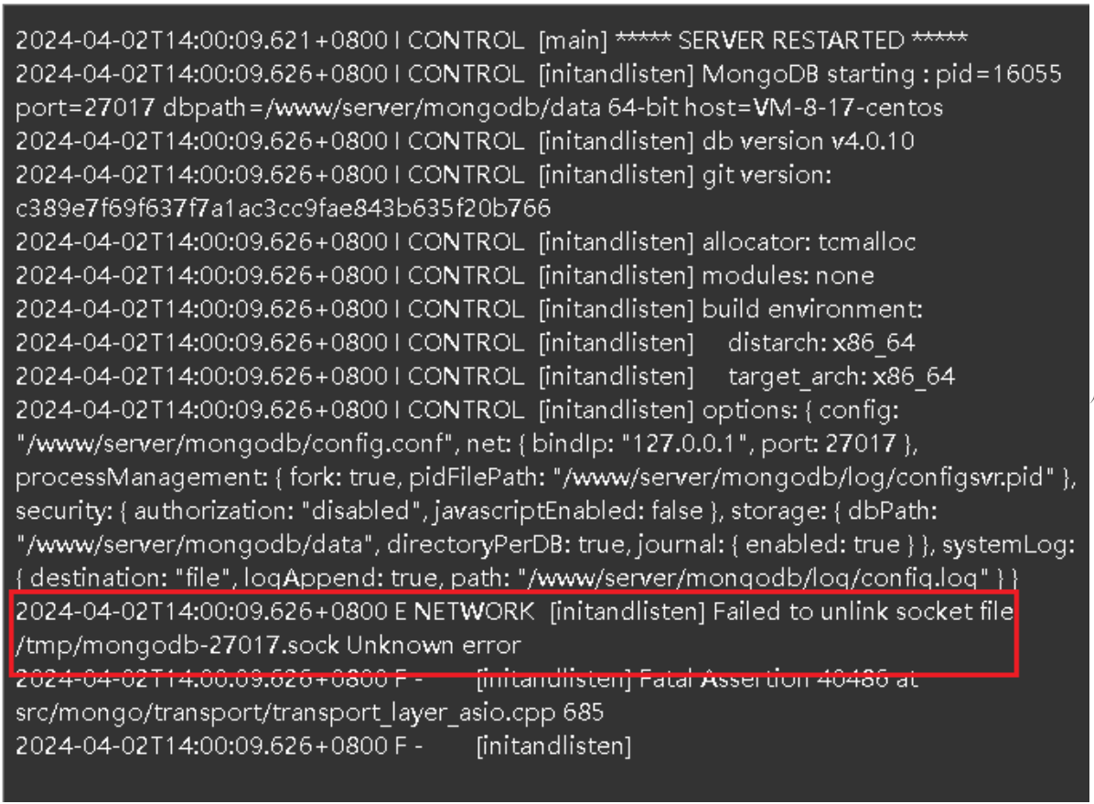 寶塔啟動MongoDB遇Socket文件刪除失敗